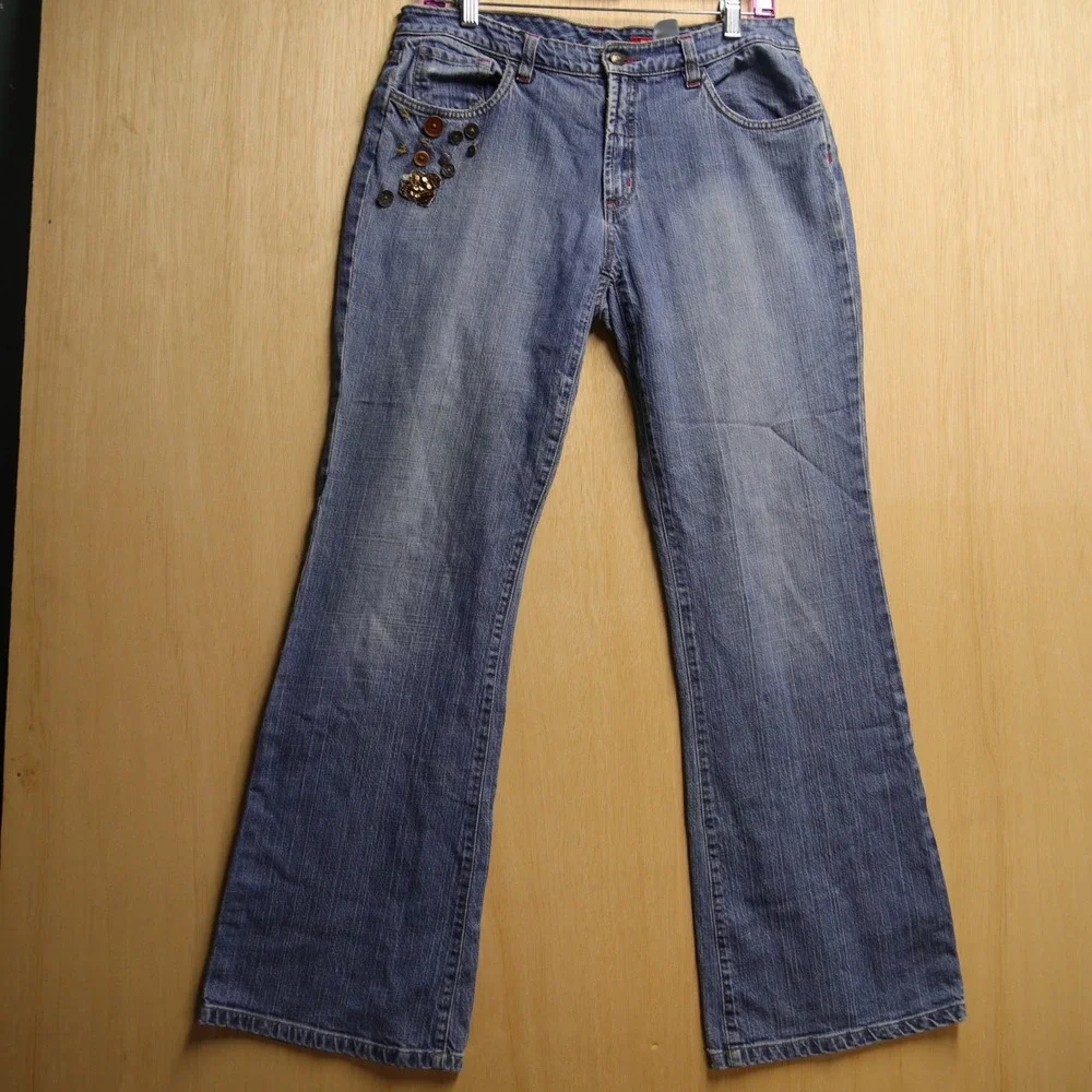 Y2K Embellished Flare Leg Jeans Medium Wash Button Sequin Detail Denim Pants